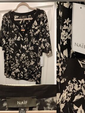 NWT NAIF Short Sleeve Top • VNeck w/Gold Accent • Modern Foral Design • 3X